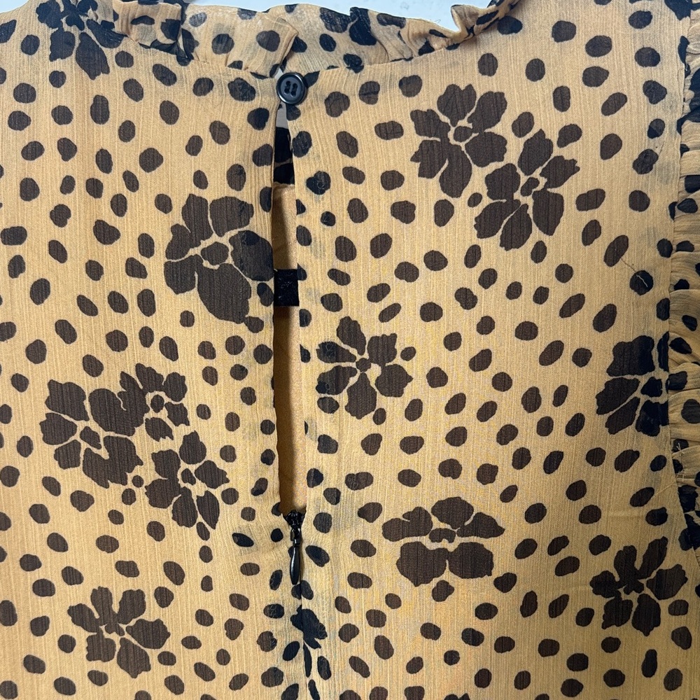 Forever 21 Tan Black Floral Polka Dot Dress Small Ruffle Sleeves Lined - Picture 8 of 10